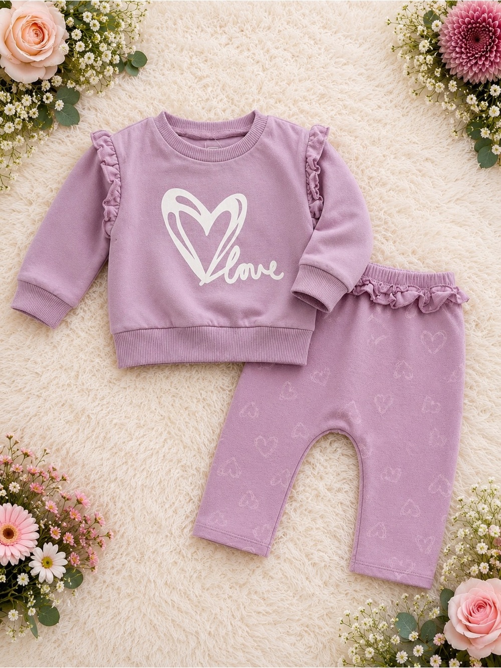 chick pea Lilac 'Love' Heart Sweatshirt & Ruffle Pants Set